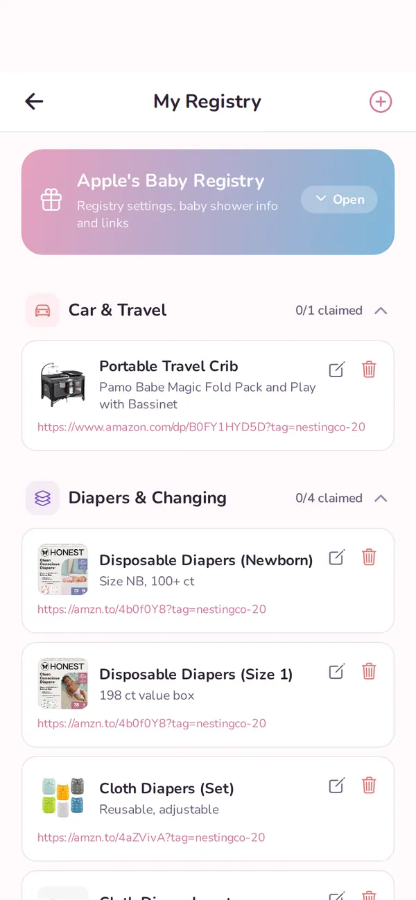 Baby registry and sharing screen