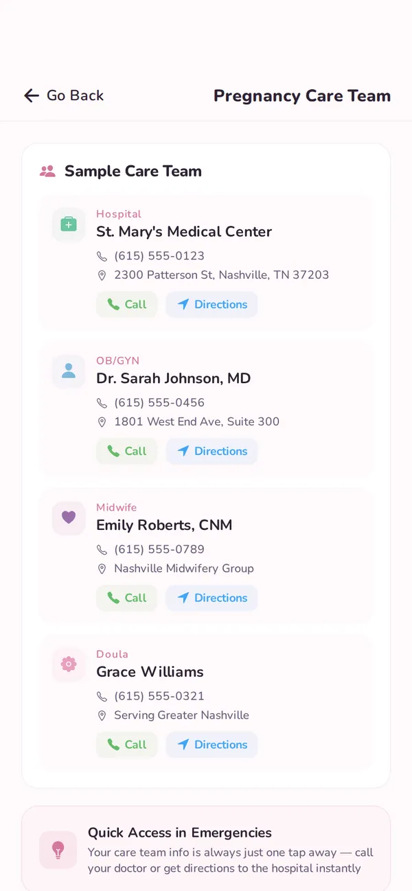 Obstetric care directory screen