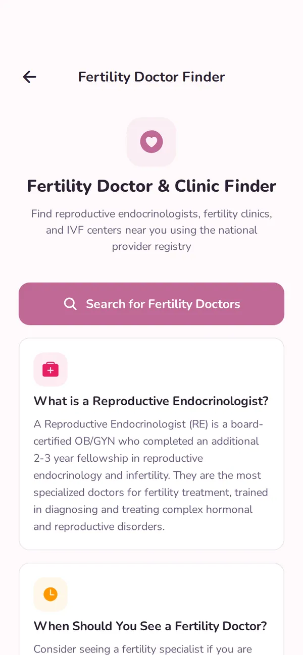 Fertility care directory screen
