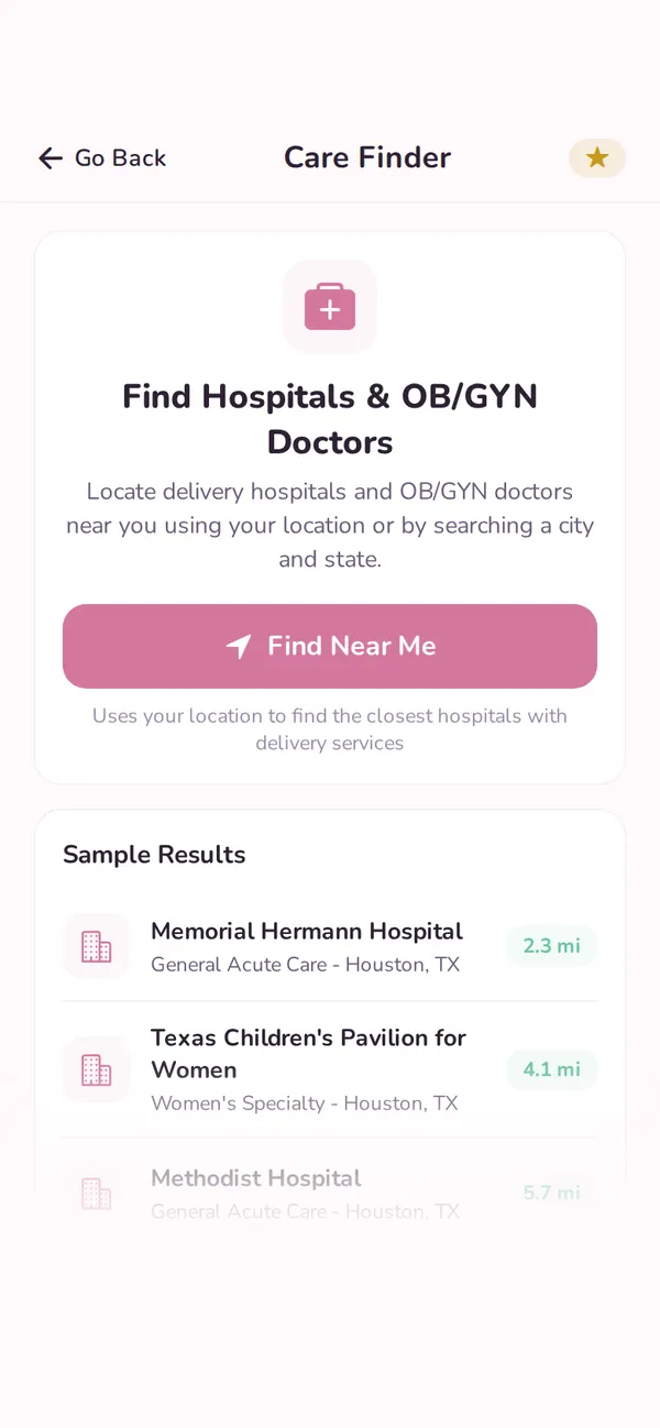 Hospital location search screen
