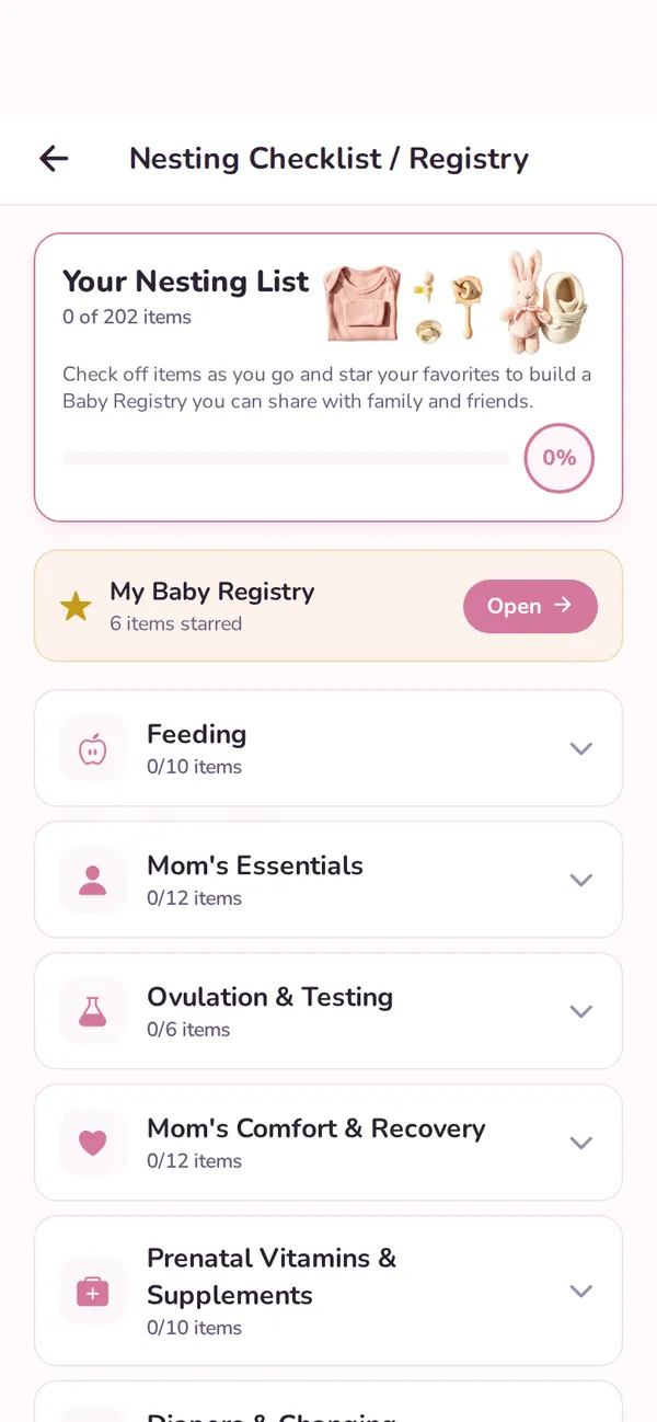 Pregnancy nesting checklist screen