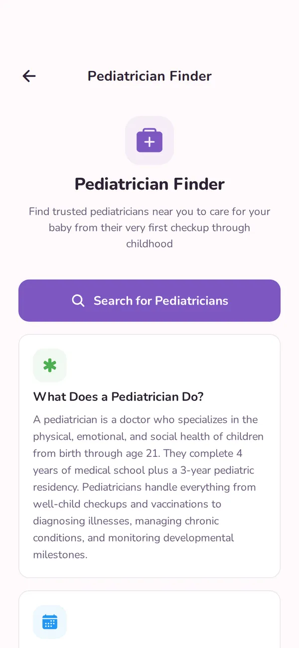 Pediatric care directory screen