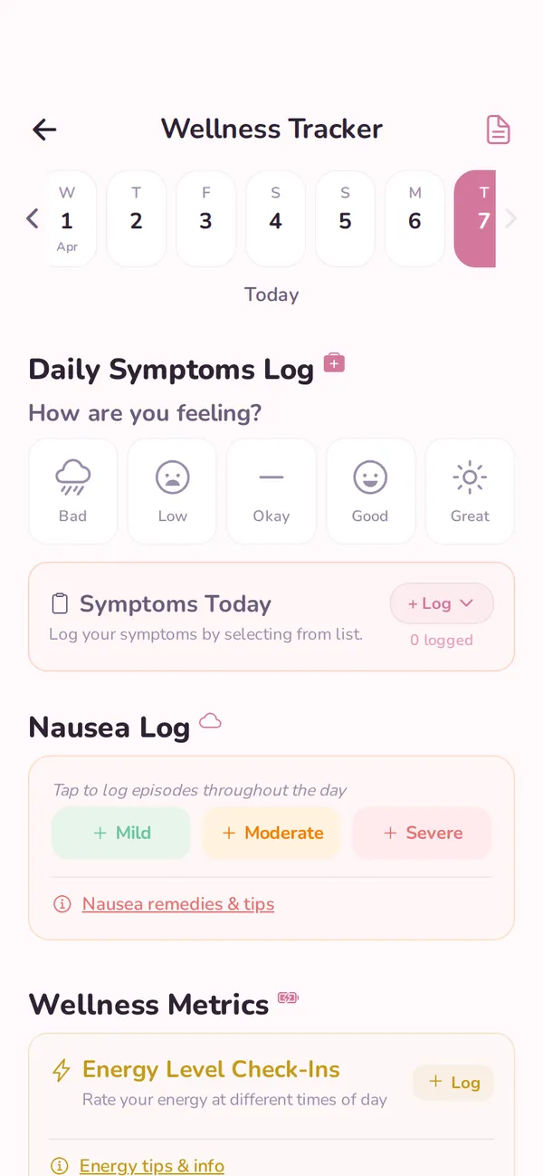 Pregnancy symptoms and wellness notes screen